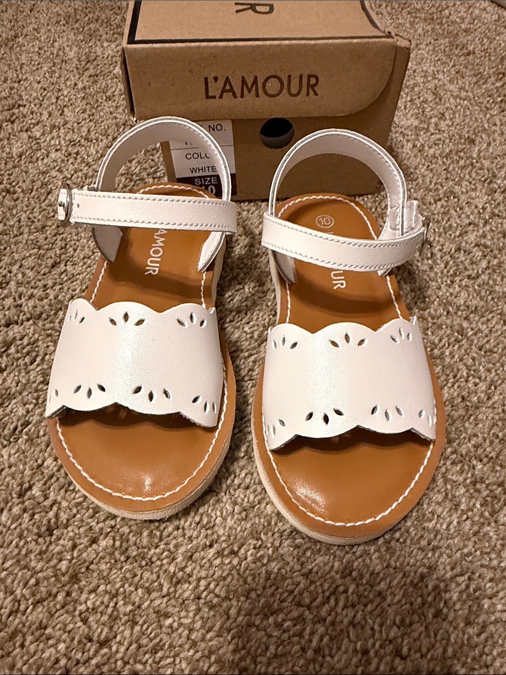 L'Amour White Scalloped Cutout Ankle-Strap Sandals